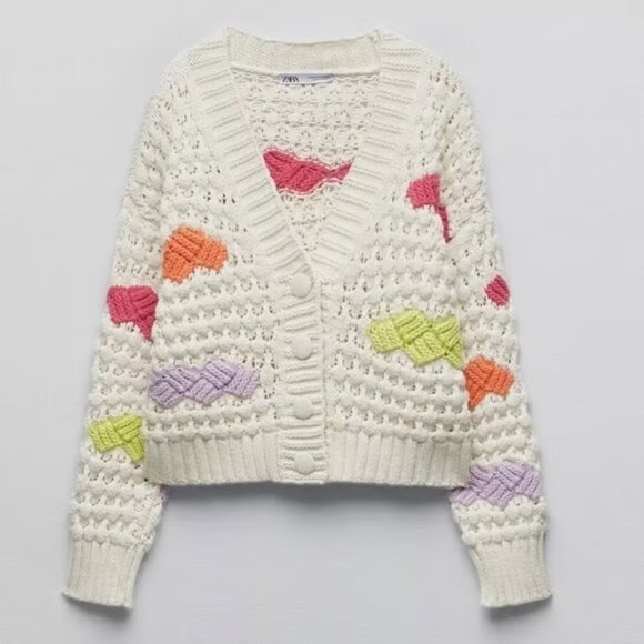 Crochet Knit Cropped Cardigan Zara Off-White Colourblock Slouchy Cardigan - Picture 8 of 8
